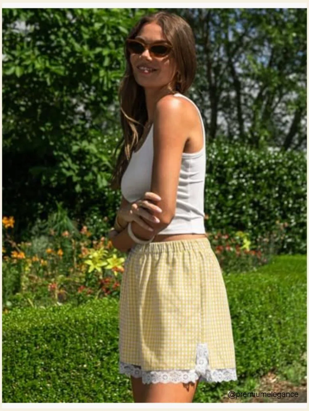 Gingham Lace Trim Boxer Shorts for Women Pajama Lounge Summer Casual Bottoms